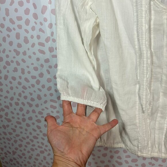 Mudd Women White L Top Boho Crinkle Gauzy Peasant Crochet Embroidered Flowy Lace - Picture 6 of 9